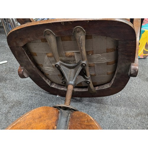 333 - Early 1900s oak and leather swivel office chair - supports wobbly will need strengthening