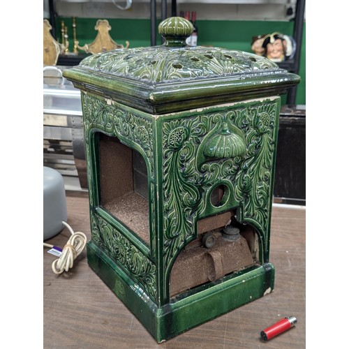 244 - Very Rare 48 x 30 x 30 cm Doulton Lambeth Art Nouveau green glazed conservatory heater - damage as s... 