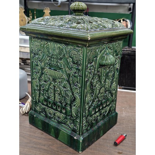 244 - Very Rare 48 x 30 x 30 cm Doulton Lambeth Art Nouveau green glazed conservatory heater - damage as s... 