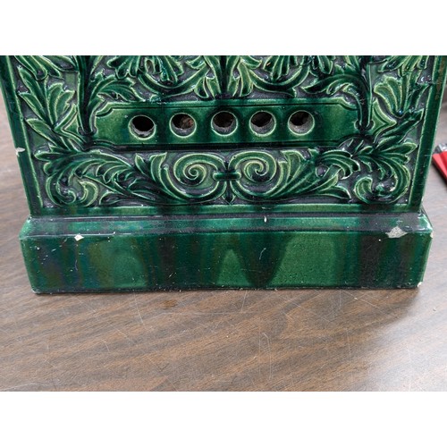 244 - Very Rare 48 x 30 x 30 cm Doulton Lambeth Art Nouveau green glazed conservatory heater - damage as s... 