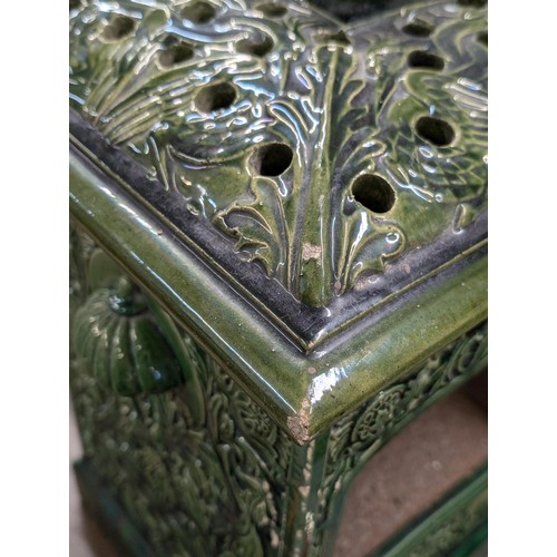 244 - Very Rare 48 x 30 x 30 cm Doulton Lambeth Art Nouveau green glazed conservatory heater - damage as s... 