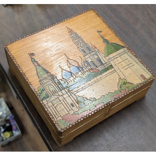 72 - Carved wooden box with assorted jewellery & antique bits and bobs etc