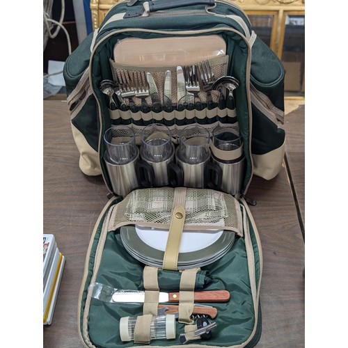 432 - AS new picnic rucksack with contents and flask set in canvas zip case