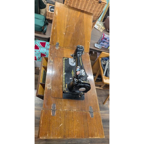 189 - Mid - Century sewing machine table with 1951 Singer 201K machine - wiring has been removed