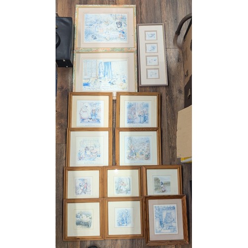 85 - Collection of framed and mounted Beatrix Potter pictures including 2 x large and 1 x small landscape... 