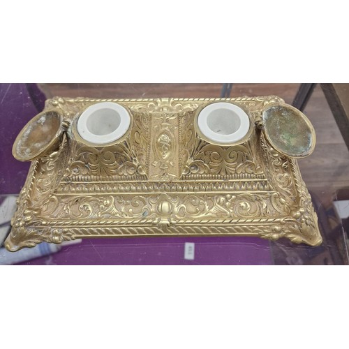 31 - Antique French 'Depose' solid brass double inkwell stand- with original porcelain inners