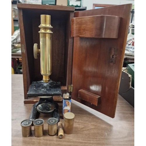 59 - Antique brass microscope in original wooden case - no key