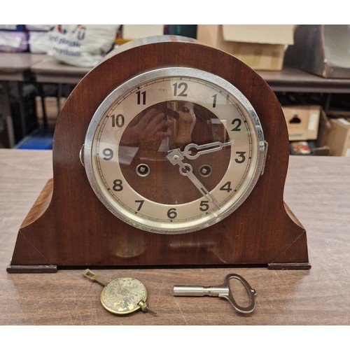 85 - Wooden mantle clock- pendulum and key present