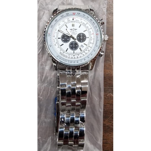 311 - Designer style chronograph watch with silver strap and white face