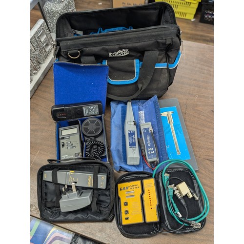 265 - Macallister tool bag with various electrical testing instruments plus cased Dayplus 21 volt cordless... 