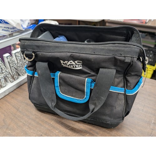 265 - Macallister tool bag with various electrical testing instruments plus cased Dayplus 21 volt cordless... 