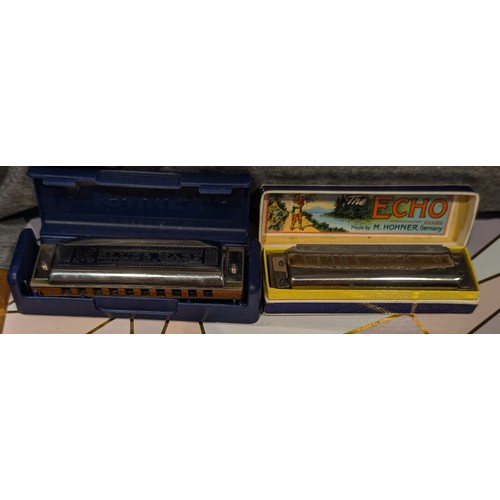 212 - 2 x vintage Hohner mouth organs being cased Blues Harp & boxed Echo Super Vamper