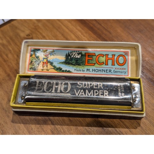 212 - 2 x vintage Hohner mouth organs being cased Blues Harp & boxed Echo Super Vamper