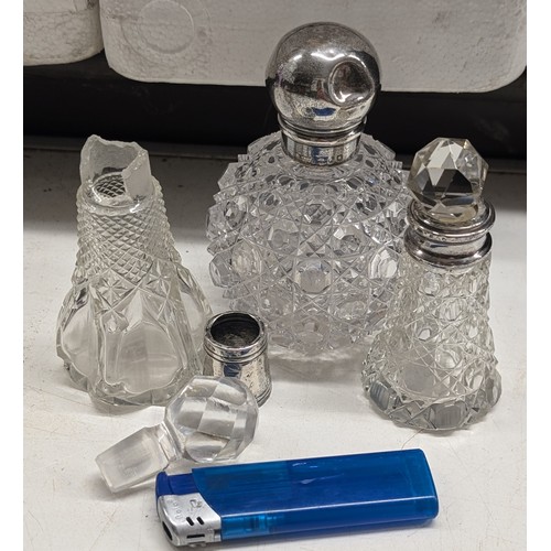 194 - 3 x silver and cut glass scent bottles some chips and damage