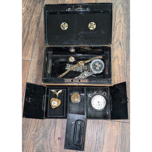 231 - Turn of the century metal cash tin with key present containing assorted watches