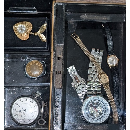 231 - Turn of the century metal cash tin with key present containing assorted watches