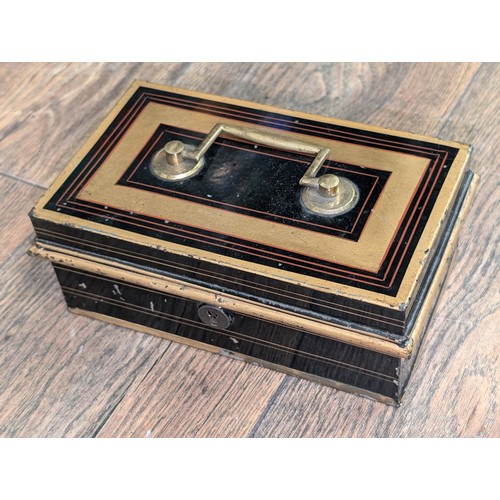 231 - Turn of the century metal cash tin with key present containing assorted watches
