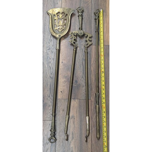 200 - Antique brass long length fireside companion set