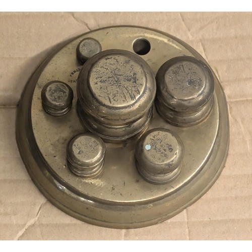 238 - Set of antique Edwardian brass scale weights 1 lb to 1/2oz (missing 1/4oz) with holder