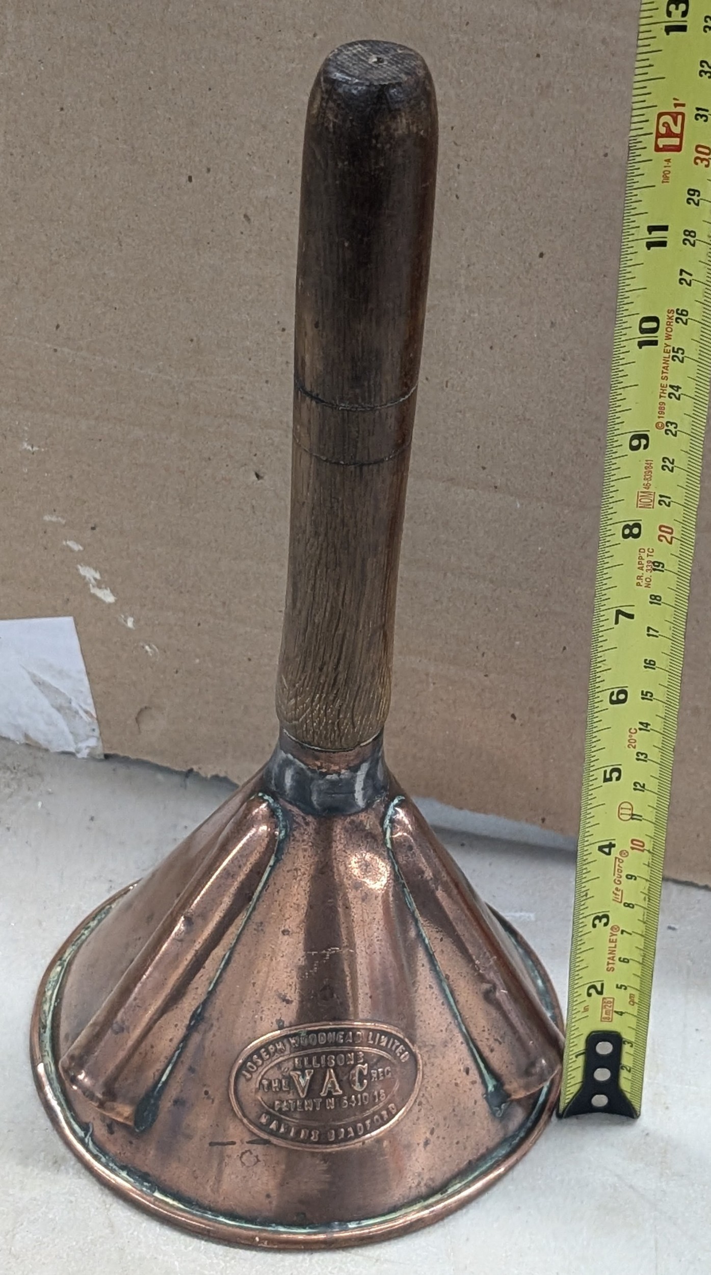 Vintage Joseph Woodhead 'The VAC' Copper Hand Posser