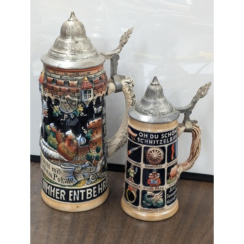 A Collection of Six German Lidded Steins, Four Ceramic and Two Glass