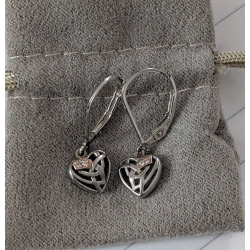 227 - A Pair of Clogau Sterling Silver & Rose Gold Opal Celtic Knot Heart Dangle Earrings with Lever Backs