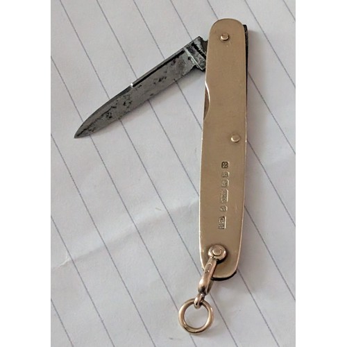 212 - 9 Carat Gold Single-Blade Folding Pocket or Fruit Knife, Birmingham 1897 Hallmark - 10.9 gm