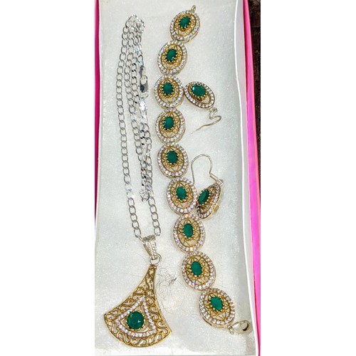 193 - 925 Silver and Jewelled 3-Piece Dress Jewellery Set Consisting of Pendant Necklace, Bracelet & Earri... 