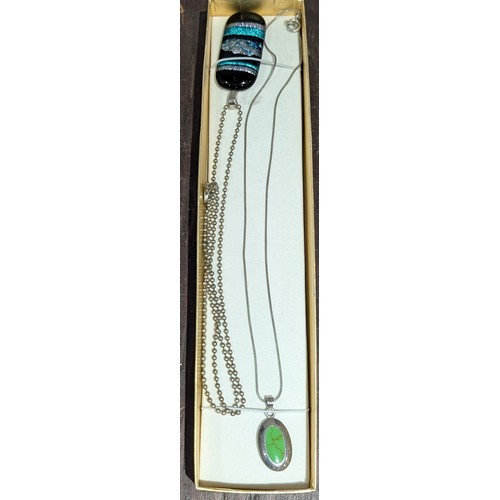 187 - A Les Baker Style Indian Native Reversible Sterling Silver Pendant Necklace, and a Fused Glass Penda... 