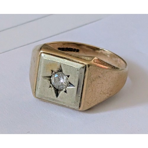 224 - Vintage 9ct Gold Gypsy Set Single Diamond Signet Ring Size R - 5.4 gm