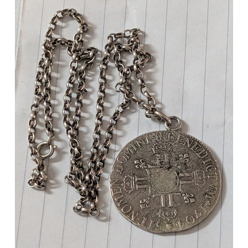 225 - 1709 Louis XIV Écu aux Huit L Type Coin Pendant On Sterling Stamped 22