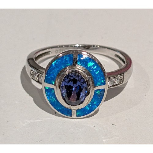 205 - Modern 925 Sterling Silver Tanzanite and Blue Fire Opal Ring Size N