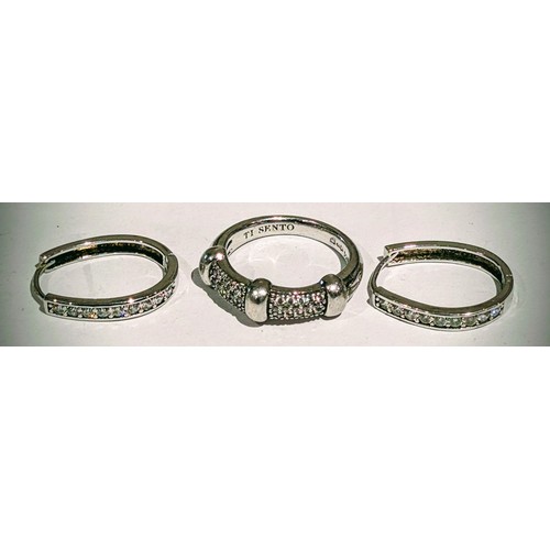 206 - TI SENTO Sterling Silver and Cubic Zirconia Pave Ring & Pair of Silver Complimenting Earrings