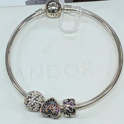 214 - Pandora 925 Silver Charm Bangle Bracelet with Three Charms