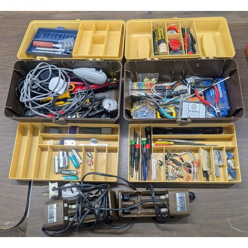 47 - Pair of Multi-Tiered Plastic Toolboxes with Assorted Hand Tools, Electronic Components, and a Pair o... 