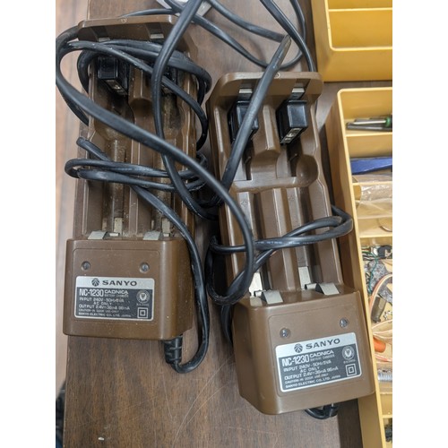 47 - Pair of Multi-Tiered Plastic Toolboxes with Assorted Hand Tools, Electronic Components, and a Pair o... 