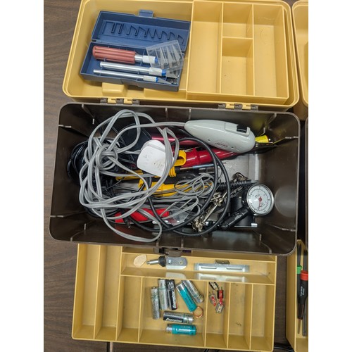 47 - Pair of Multi-Tiered Plastic Toolboxes with Assorted Hand Tools, Electronic Components, and a Pair o... 