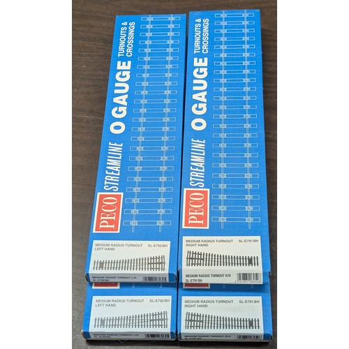 53 - Four Boxed PECO Streamline O Gauge Model Railway Track Sections, Two Right & Two Left Turnouts