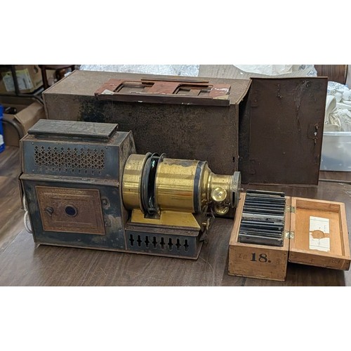 108 - Working Antique Magic Lantern Projector with Metal Case and Collection of Glass Slides