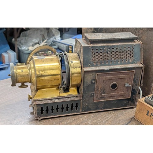 108 - Working Antique Magic Lantern Projector with Metal Case and Collection of Glass Slides