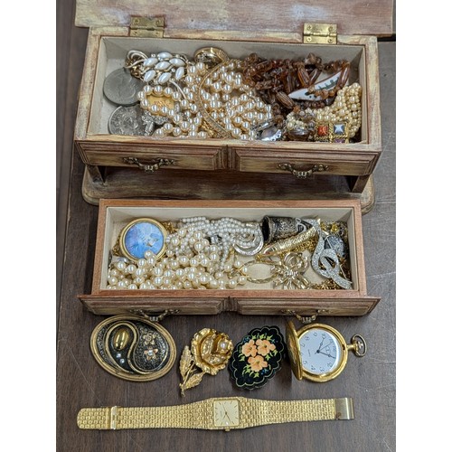 102 - A Collection of Vintage Costume Jewellery and Watches in a Hand-Painted Wooden Box