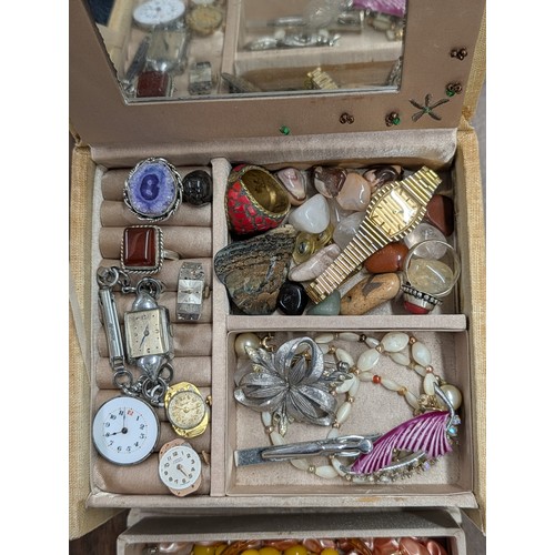 171 - An Assortment of Vintage Costume Jewellery, Watches, and Accessories in a Two-Tier Jewellery Box