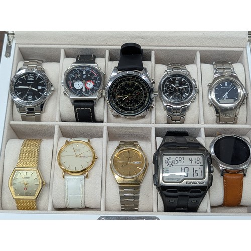 61 - A Collection of Ten Assorted Mens Wristwatches including Designer Style, Citizen and Seiko in Displa... 
