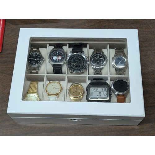 61 - A Collection of Ten Assorted Mens Wristwatches including Designer Style, Citizen and Seiko in Displa... 