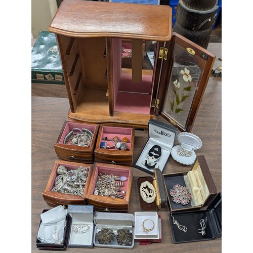 87 - A Collection of Vintage Costume and 80+ Grams of Silver Jewellery with Wooden Upright Jewellery Cabi... 