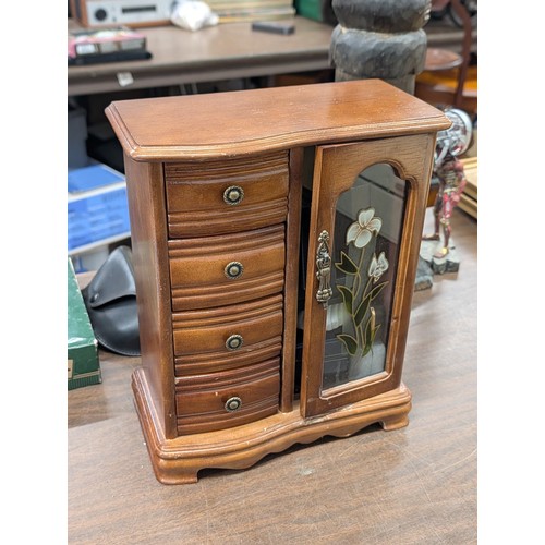 87 - A Collection of Vintage Costume and 80+ Grams of Silver Jewellery with Wooden Upright Jewellery Cabi... 