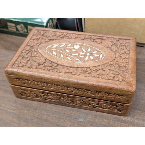 157 - An Assortment of Vintage Costume and some gold filled Jewellery and Watches in a Carved Wooden Box