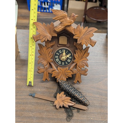 90 - Vintage West German Carved Wood Cuckoo Clock with Bird and Leaf Motif, One Weight Missing