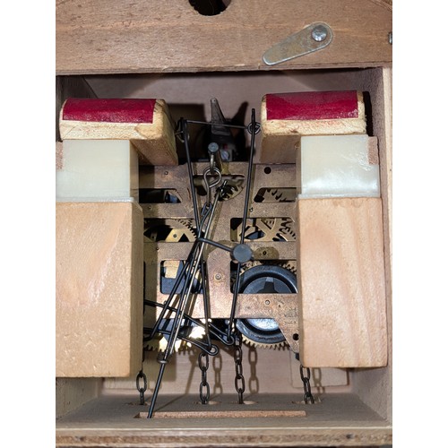 90 - Vintage West German Carved Wood Cuckoo Clock with Bird and Leaf Motif, One Weight Missing