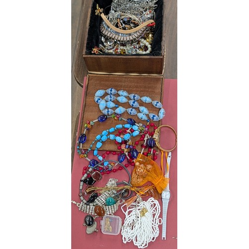 64 - An Assortment of Vintage and Contemporary Costume Jewellery and Watches In Lined Square Wooden Box